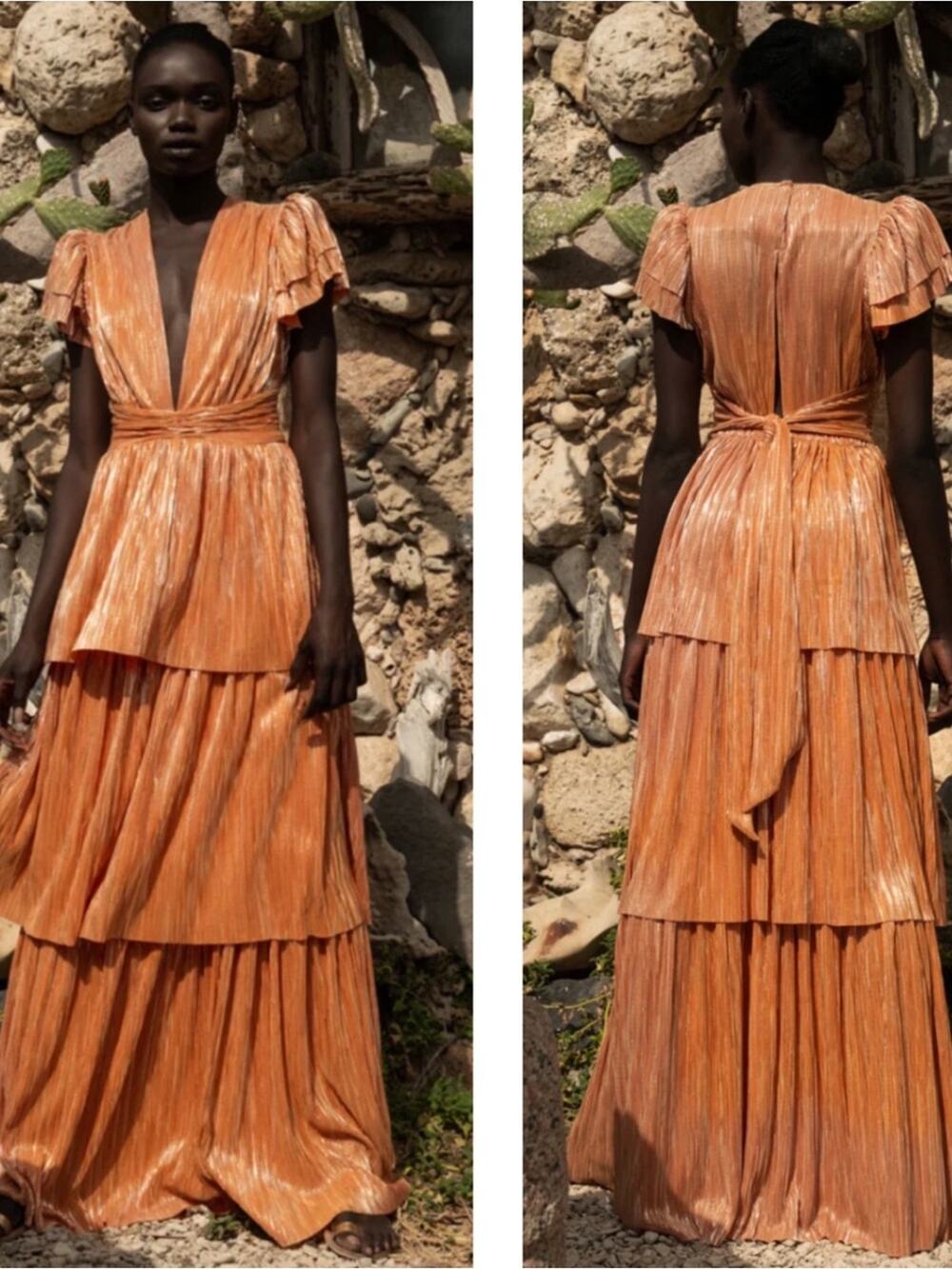 SABINA MUSAYEV Maze Tiered Pleated Metallic Orange Maxi Dress Size Medium